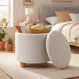 Costway Round Storage Ottoman 45 CM Chenille Fabric Footrest Stool in White - thumbnail 9