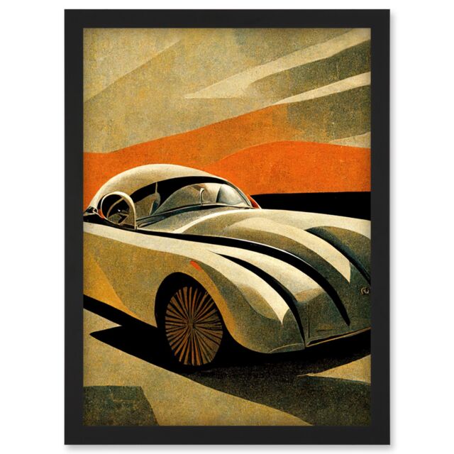 Artery8 Art Deco Vintage Sports Car Sunset Illustration Artwork Framed Wall Art Print A4 in Black - image 1