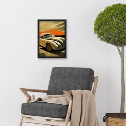 Artery8 Art Deco Vintage Sports Car Sunset Illustration Artwork Framed Wall Art Print A4 in Black - thumbnail 2