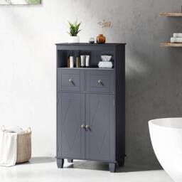 Costway Bathroom Floor Storage Cabinet Modern Storage Organizer w/Drawers in Grey - thumbnail 3