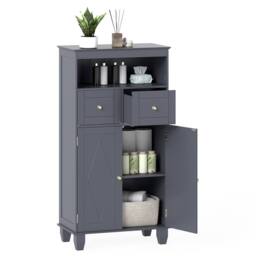 Costway Bathroom Floor Storage Cabinet Modern Storage Organizer w/Drawers in Grey - thumbnail 1
