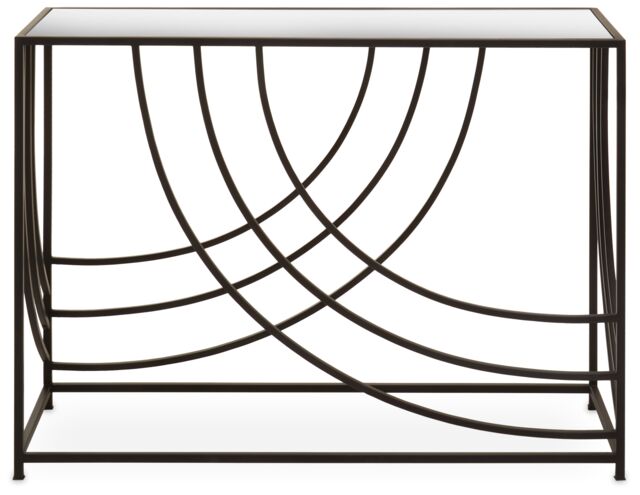 Orsina Mirrored Glass Top Console Table, Sleek Black Industrial Iron Frame with Curved Side Detailing in Clear - image 1