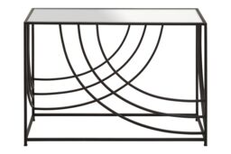 Orsina Mirrored Glass Top Console Table, Sleek Black Industrial Iron Frame with Curved Side Detailing in Clear - thumbnail 4