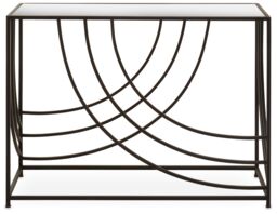Orsina Mirrored Glass Top Console Table, Sleek Black Industrial Iron Frame with Curved Side Detailing in Clear - thumbnail 1