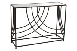 Orsina Mirrored Glass Top Console Table, Sleek Black Industrial Iron Frame with Curved Side Detailing in Clear - thumbnail 3