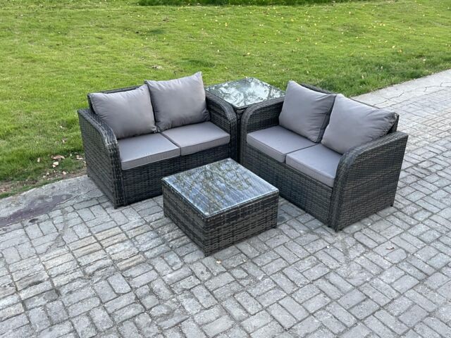 Fimous Rattan Sofa Set Outdoor Garden Furniture Set with Square Coffee Table Loveseat Sofa Side Table Dark Grey Mixed - image 1