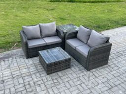 Fimous Rattan Sofa Set Outdoor Garden Furniture Set with Square Coffee Table Loveseat Sofa Side Table Dark Grey Mixed - thumbnail 2