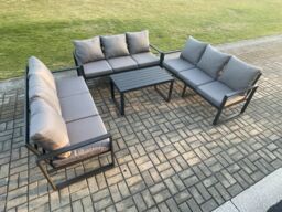 Fimous Aluminium 9 Seater Outdoor Garden Furniture Set Lounge Sofa Oblong Coffee Table Sets with Cushions Dark Grey - thumbnail 1