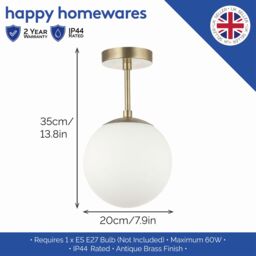 Happy Homewares Traditional Glass Globe IP44 Bathroom Ceiling Light Fixture in Metallic Gold - thumbnail 5