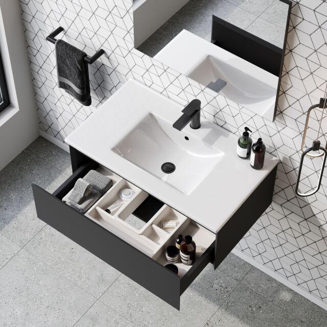 Banyetti Kameo 800mm Wall Hung 1 Drawer Vanity Unit with Lira Basin-Matt Black - image 1