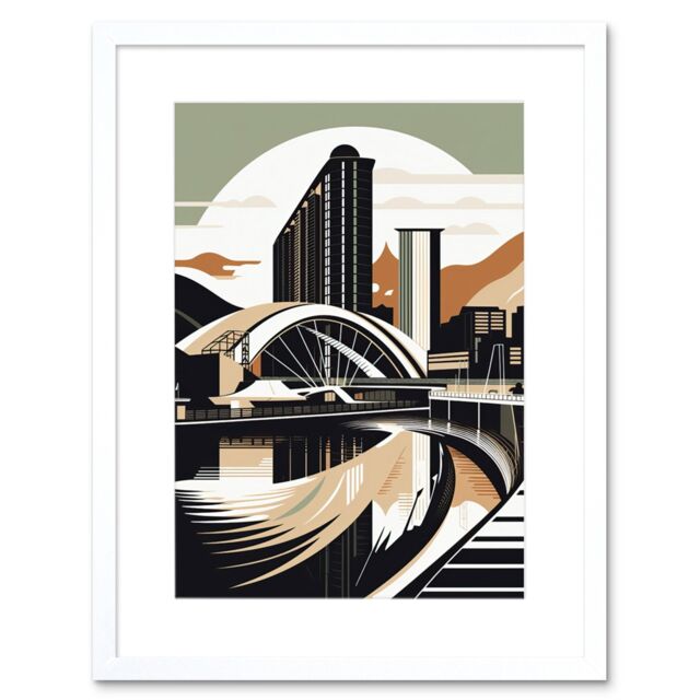 "Artery8 Wall Art Print Clyde Arc Bridge Abstract Cityscape Artwork Framed 9X7 Inch in White - Size: W7"" x H9""" - image 1