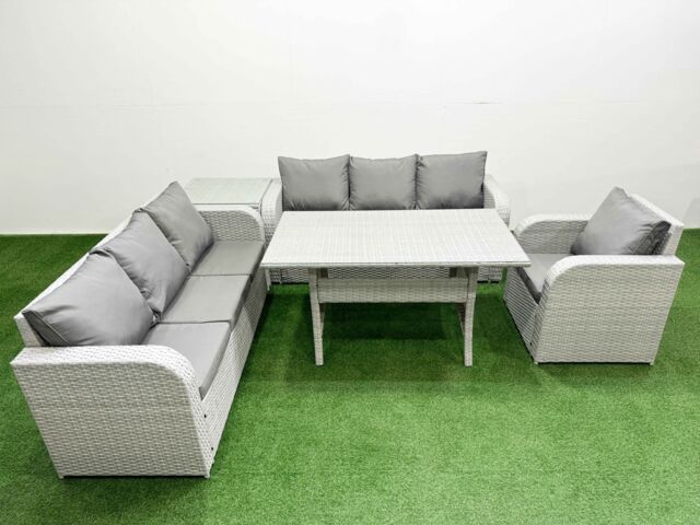 Fimous 7 Seater Poly Rattan Outdoor Garden Furniture Rectangular Dining Table Sofa Set Patio 3 Seater Sofa Reclining Chair 3 Seater Sofa Side Table - image 1