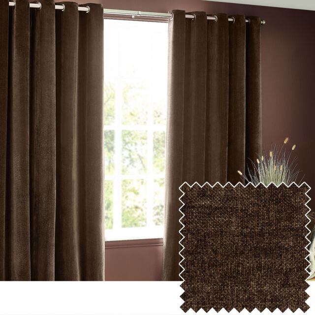 Yard Heavy Chenille Velvet Room Darkening Eyelet Curtain Pair in Brown - Size: 168 cm width x 183 cm drop - image 1