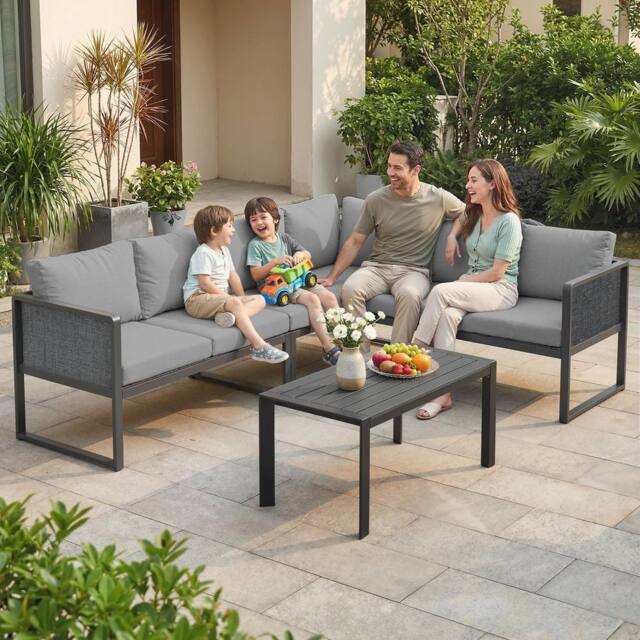 OUTSUNNY 6 Seater Metal Garden Furniture Corner Sofa Set, Dark Grey - Size: 120