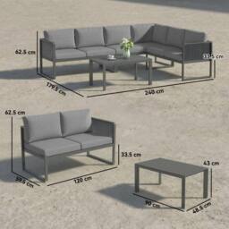 OUTSUNNY 6 Seater Metal Garden Furniture Corner Sofa Set, Dark Grey - Size: 120 - thumbnail 3