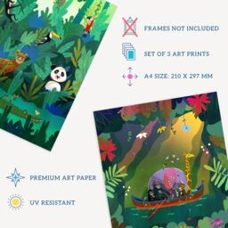 Artery8 Wall Art Print Pack of 3 A4 Kids Bedroom Jungle Adventure Amazon Rain Forest Animals Colourful Living Room s Set - thumbnail 4