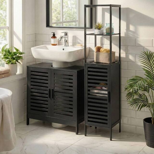 Wyld and Coco Black Bamboo Bathroom Shelving Unit 2 Open Shelves and Closed W32cm - image 1