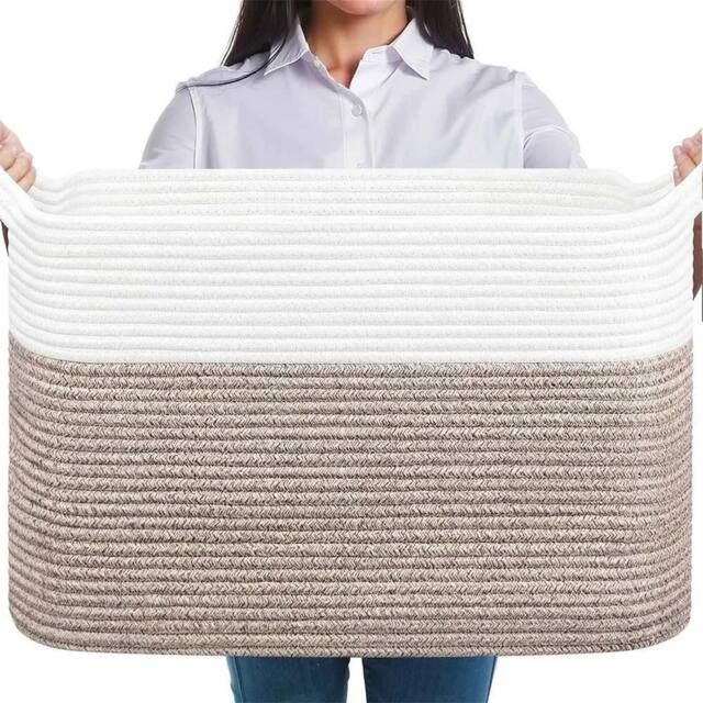 VOGREX White Brown Cotton Rope Collapsible Laundry Basket With Handles - image 1