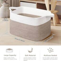 VOGREX White Brown Cotton Rope Collapsible Laundry Basket With Handles - thumbnail 2