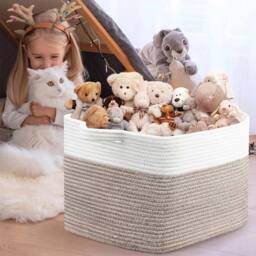 VOGREX White Brown Cotton Rope Collapsible Laundry Basket With Handles - thumbnail 4