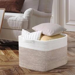 VOGREX White Brown Cotton Rope Collapsible Laundry Basket With Handles - thumbnail 3