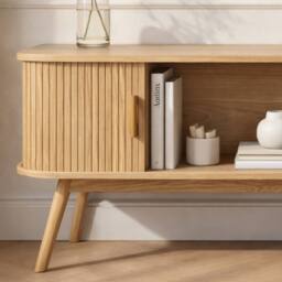 CALICOSY ERNEST TV Stand With 2 Sliding Doors, 120Cm Wide in Light Brown - thumbnail 5