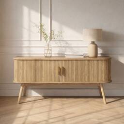 CALICOSY ERNEST TV Stand With 2 Sliding Doors, 120Cm Wide in Light Brown - thumbnail 2