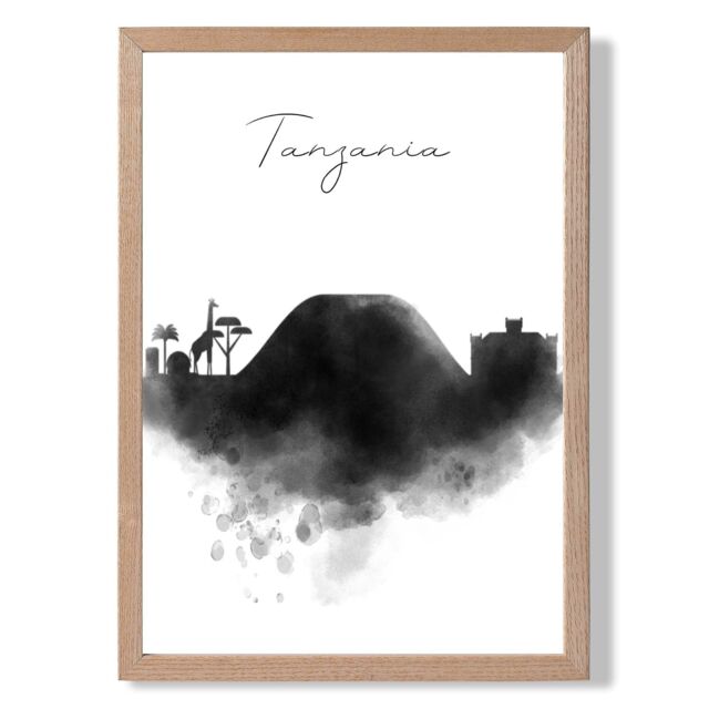 ARTZE Tanzania Watercolour Skyline City Framed Print SIZE: A4 with Oak Frame in Black - image 1