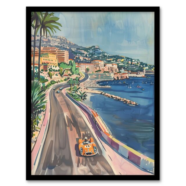 "Artery8 Monaco Motor Sport Race Track Cityscape Painting Framed Art Print in Blue - Size: W12"" x H16""" - image 1
