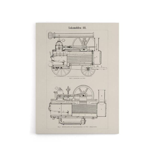 "Artery8 Locomotive Train Engine Compartments Vintage Canvas Wall Art in White - Size: W18"" x H24""" - image 1
