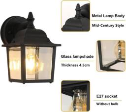 Goeco Outdoor Wall Light, Outdoor Vintage Waterproof Wall Light IP54 E27 in Black - thumbnail 3