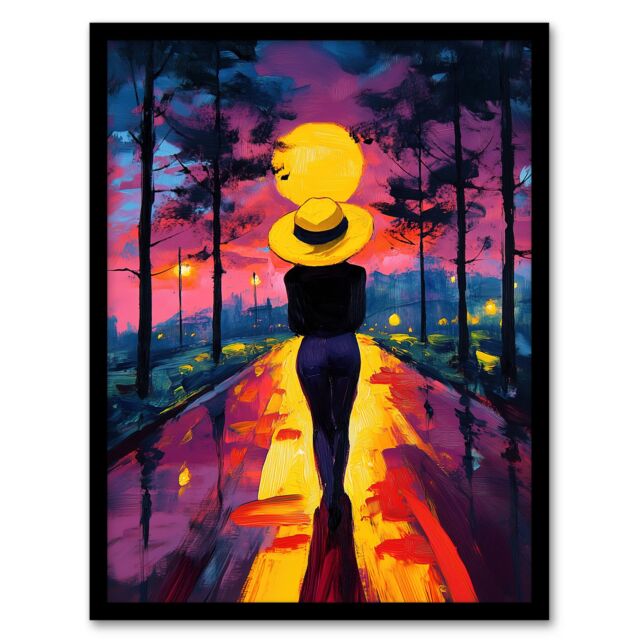 Artery8 Woman Walk Into Sunset Colourful Vibrant Painting Framed Art Print in Purple - Size: A4 - image 1