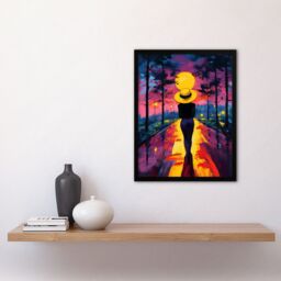 Artery8 Woman Walk Into Sunset Colourful Vibrant Painting Framed Art Print in Purple - Size: A4 - thumbnail 4