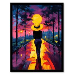 Artery8 Woman Walk Into Sunset Colourful Vibrant Painting Framed Art Print in Purple - Size: A4 - thumbnail 1