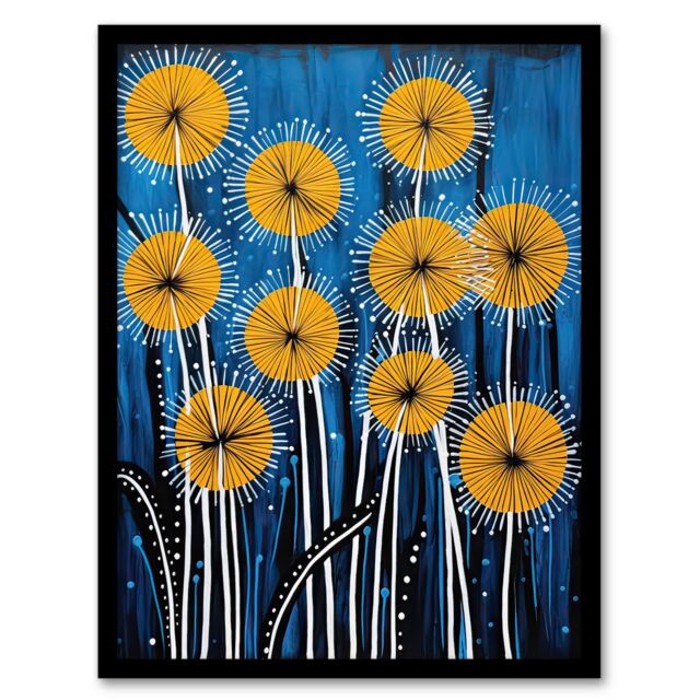 Artery8 Wall Art Print Dandelion Flower Seeds Gond Style Painting Blue Yellow Abstract Summer Meadow Patterns Artwork Framed - Size: A4 - image 1