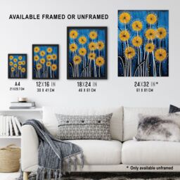 Artery8 Wall Art Print Dandelion Flower Seeds Gond Style Painting Blue Yellow Abstract Summer Meadow Patterns Artwork Framed - Size: A4 - thumbnail 3