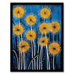 Artery8 Wall Art Print Dandelion Flower Seeds Gond Style Painting Blue Yellow Abstract Summer Meadow Patterns Artwork Framed - Size: A4 - thumbnail 1