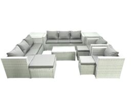 Fimous Outdoor Rattan Sofa Garden Furniture Set with 2 Armchairs Oblong Coffee Table 3 Footstools 2 Side Tables Light Grey Mixed - thumbnail 2