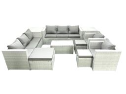 Fimous Outdoor Rattan Sofa Garden Furniture Set with 2 Armchairs Oblong Coffee Table 3 Footstools 2 Side Tables Light Grey Mixed - thumbnail 1