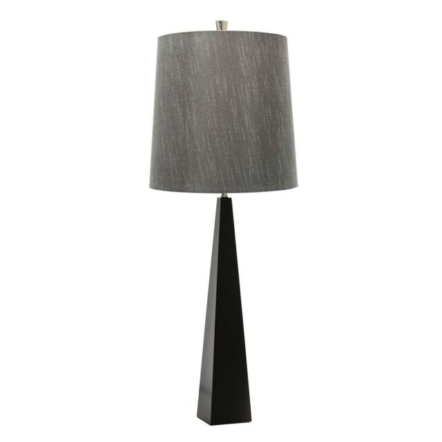 Loops Square Table Lamp Tapered Column Dark Grey Faux Silk Shade Black LED E27 60W