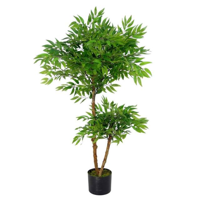 Leaf Artificial Ficus Tree Plant 100cm Luxury Ruscus 100cm Real Wood Trunk Botanik in Green - image 1