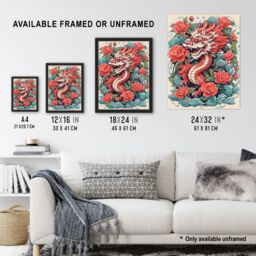 Artery8 Wall Art Print Fantasy Dragon Red Blue Ornate Mythical 2024 China Year Of The Dragon Art Framed - Size: A4 - thumbnail 3