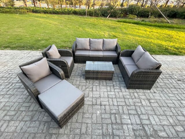 Fimous 8 Seater Rattan Wicker Garden Furniture Patio Conservatory Sofa Set with Rectangular Coffee Table 3 Seater Sofa Love Sofa Big Footstool - image 1