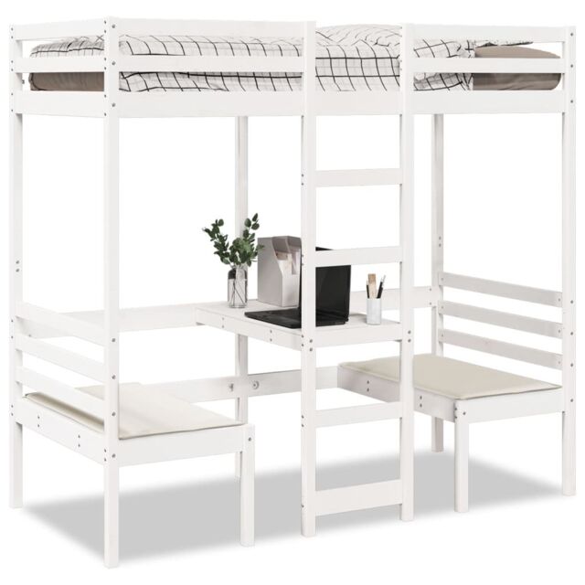 Berkfield Home Loft Bed Frame with Desk & Chairs White 90x190cm Solid Wood Pine - Size: 90x190 cm - image 1