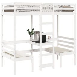Berkfield Home Loft Bed Frame with Desk & Chairs White 90x190cm Solid Wood Pine - Size: 90x190 cm - thumbnail 4