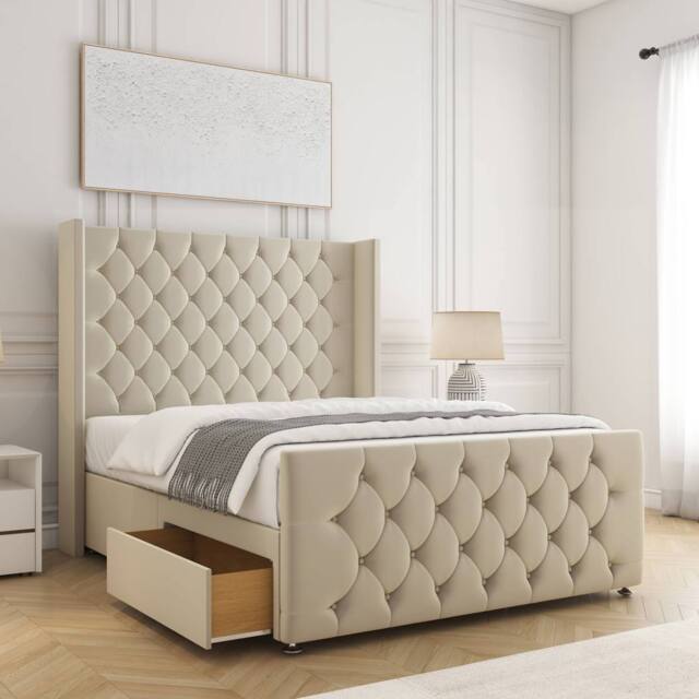 "BSSPOKE Florida Divan Bed Velvet 54""Headboard & 20""Footboard 2Drawers Mattress in Cream - Size: King" - image 1