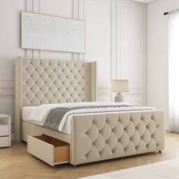 "BSSPOKE Florida Divan Bed Velvet 54""Headboard & 20""Footboard 2Drawers Mattress in Cream - Size: King"