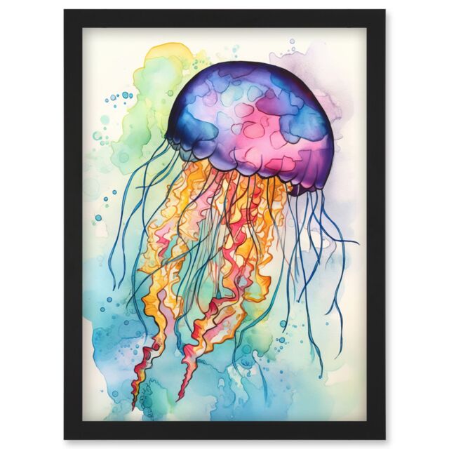 Artery8 Jellyfish Swimming Folk Art Watercolour Painting Artwork Framed Wall Art Print A4 in Black - image 1