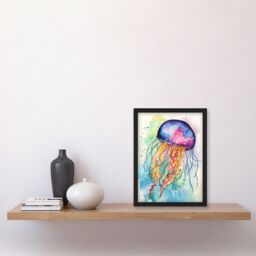 Artery8 Jellyfish Swimming Folk Art Watercolour Painting Artwork Framed Wall Art Print A4 in Black - thumbnail 2