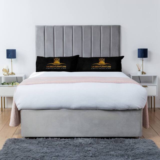 UK Bed Furniture Ashford Divan Bed Base with 26 Inch Headboard - No Storage in Silver - Size: Super King